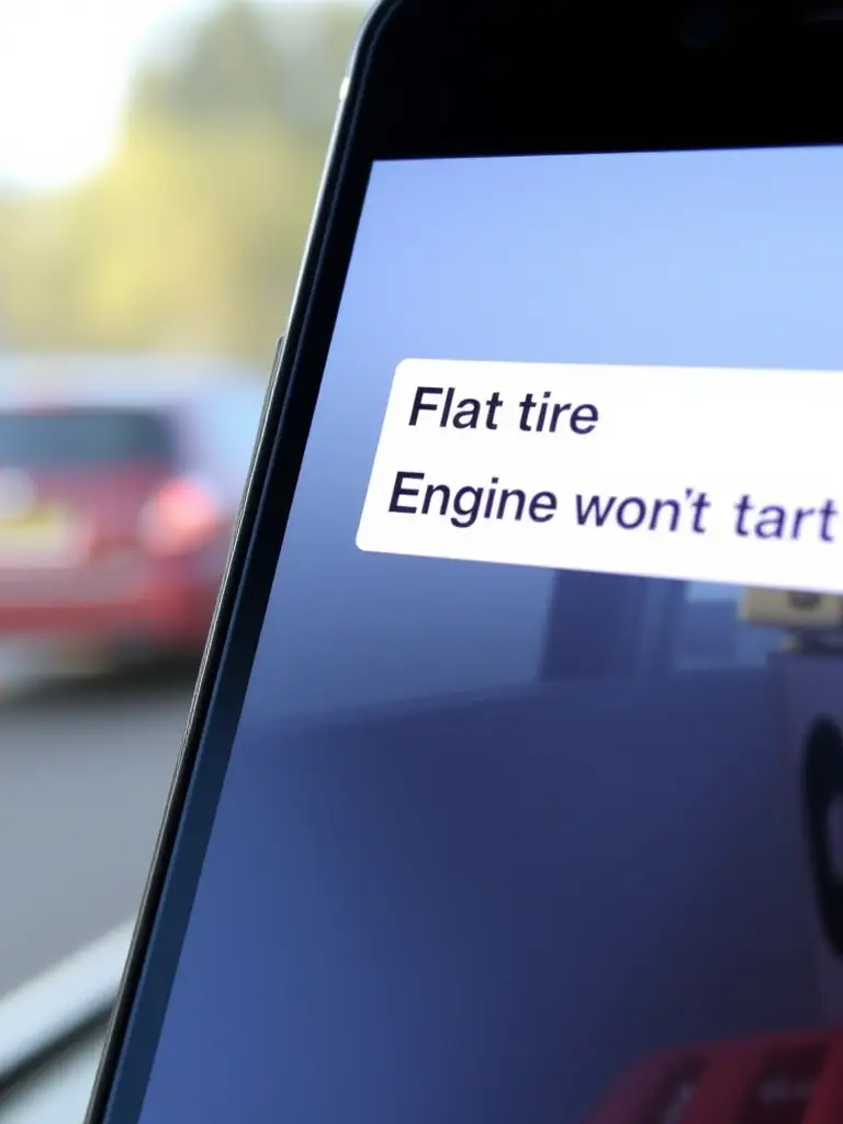 A close-up of a smartphone screen showing the RoadAid app's description field, where a user is typing details about their vehicle issue, such as 'Flat tire' or 'Engine won't start'.