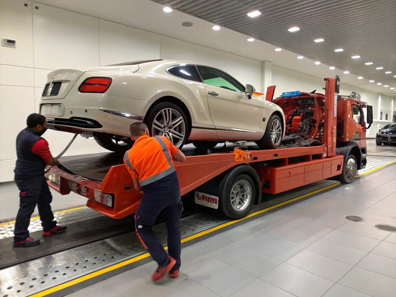A specialized transport truck securely carrying a luxury car, highlighting RoadAid's auto transport service.