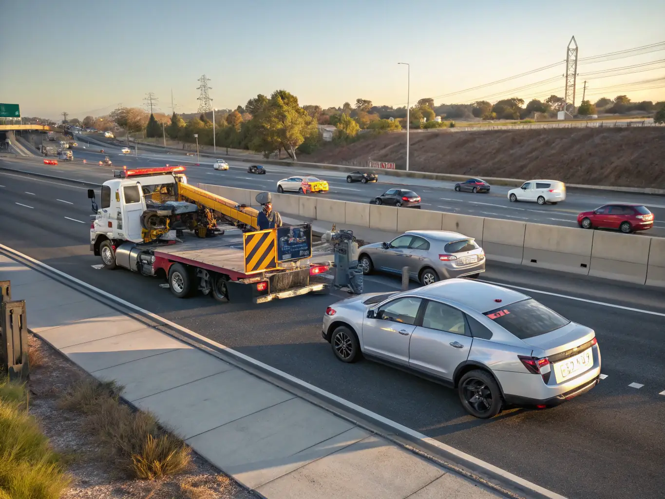 A tow truck assisting a stranded vehicle on a busy highway during daylight, emphasizing the prompt response of RoadAid's recovery service.