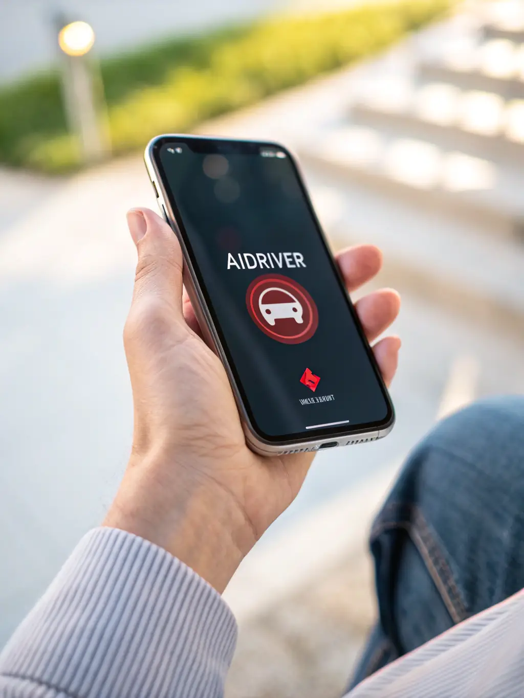 A smartphone displaying the RoadAid app interface with a prominent 'Request Assistance' button, GPS location icon, and a vehicle breakdown symbol, set against a blurred roadside background.