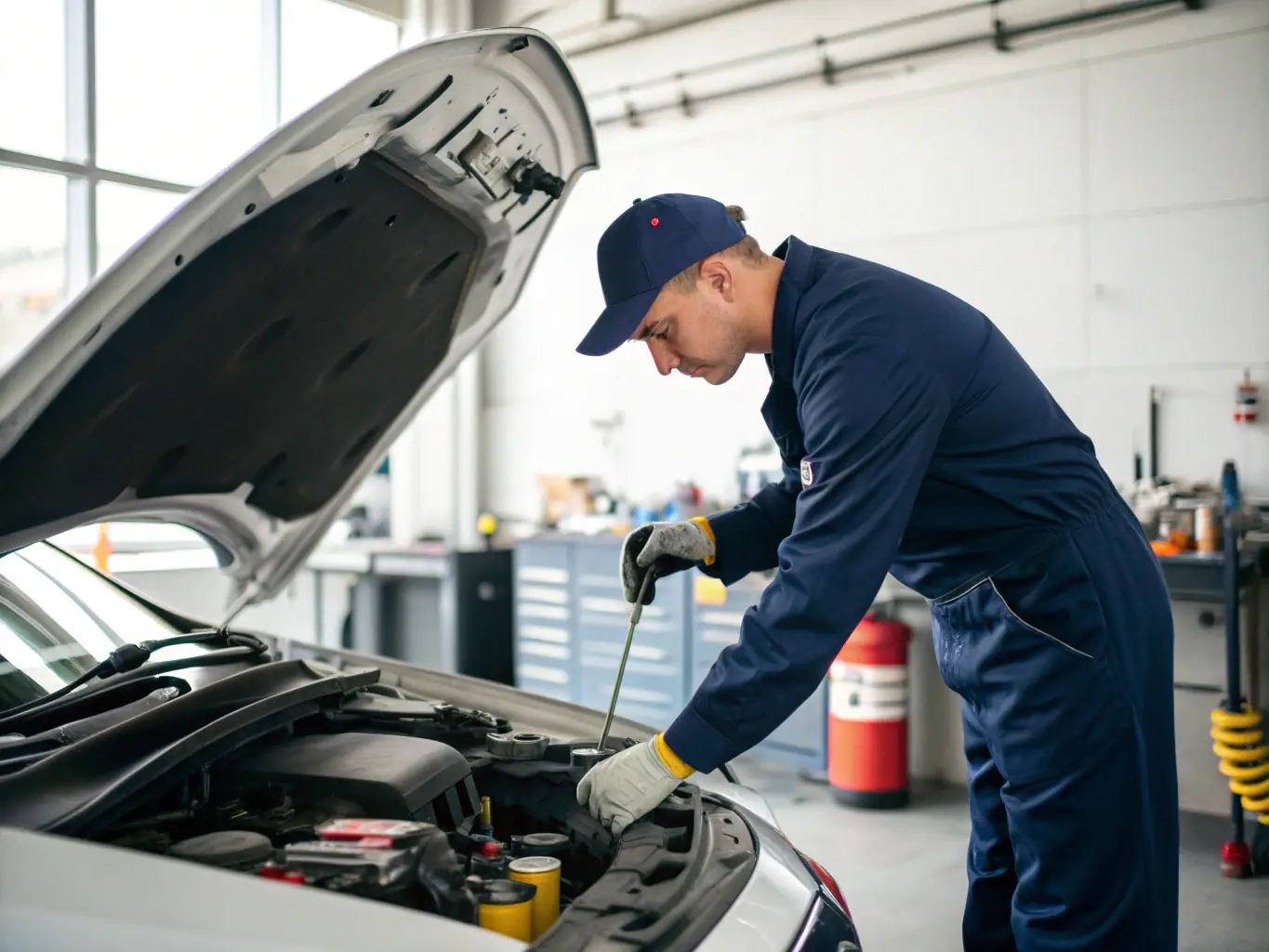 A mechanic working on a car engine on the side of the road, showcasing RoadAid's on-site breakdown support.