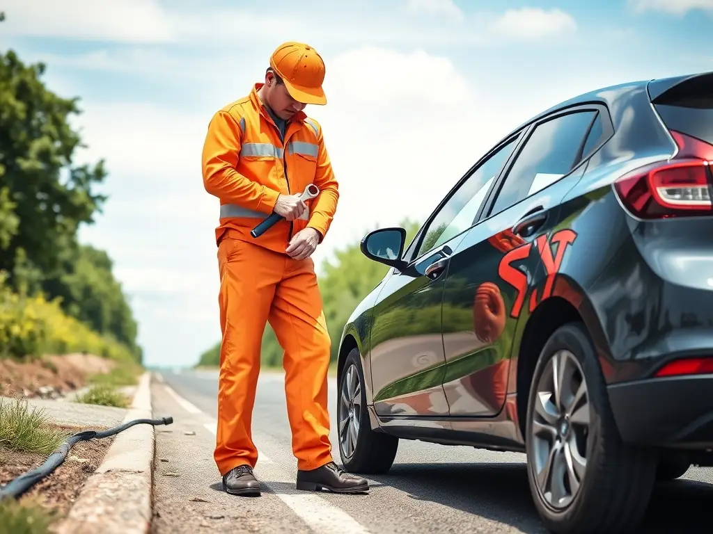 A service worker changing a flat tire on a car parked on the roadside, showcasing RoadAid's tire change service.