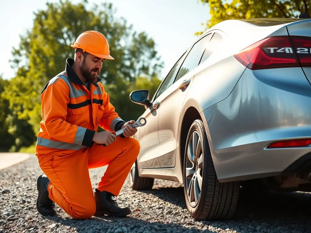 A photograph of a RoadAid technician expertly changing a flat tire on a vehicle parked on the roadside, showcasing their professionalism and expertise.