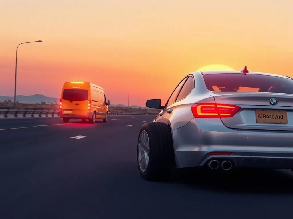 A digital illustration depicting a car with a flat tire on a highway, with a RoadAid service vehicle arriving to assist. The scene is set at dusk, with a warm, reassuring glow emanating from the RoadAid vehicle.