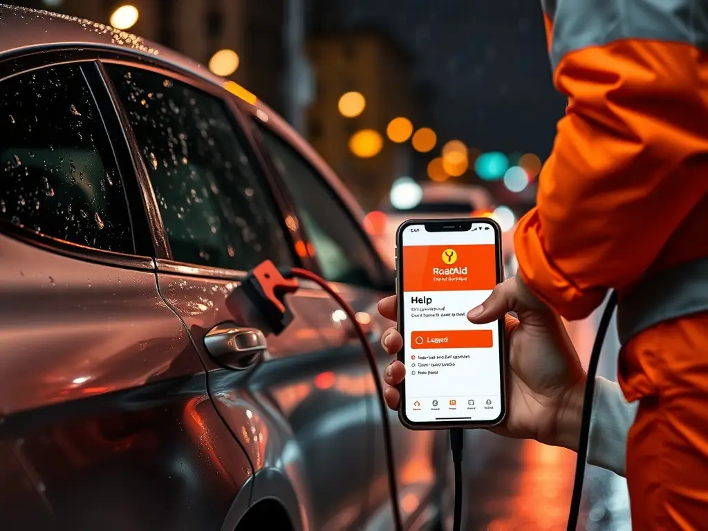 A digital illustration depicting a car receiving a jump start on a rainy night, with the RoadAid app interface visible on a smartphone in the foreground, emphasizing the ease of requesting assistance.