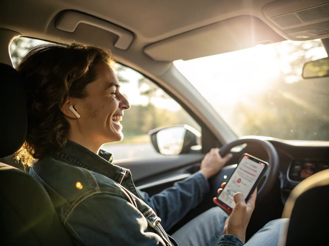 A screenshot of the RoadAid mobile app interface, showcasing its intuitive design and easy-to-use features. The app is displayed on a smartphone held by a person in a car.