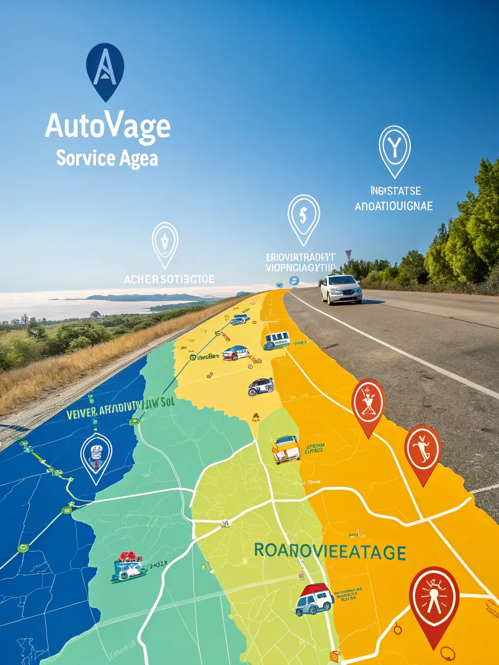 An illustration showing various roadside assistance services (tire change, jump start, towing) being selected from a menu on a smartphone. The design should emphasize the variety of services available through the RoadAid customer dashboard.
