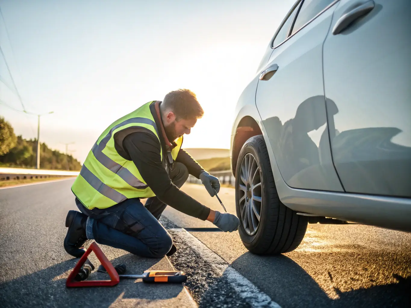 A tire-fitting specialist changing a tire on a vehicle, with a focus on the tools and equipment used.