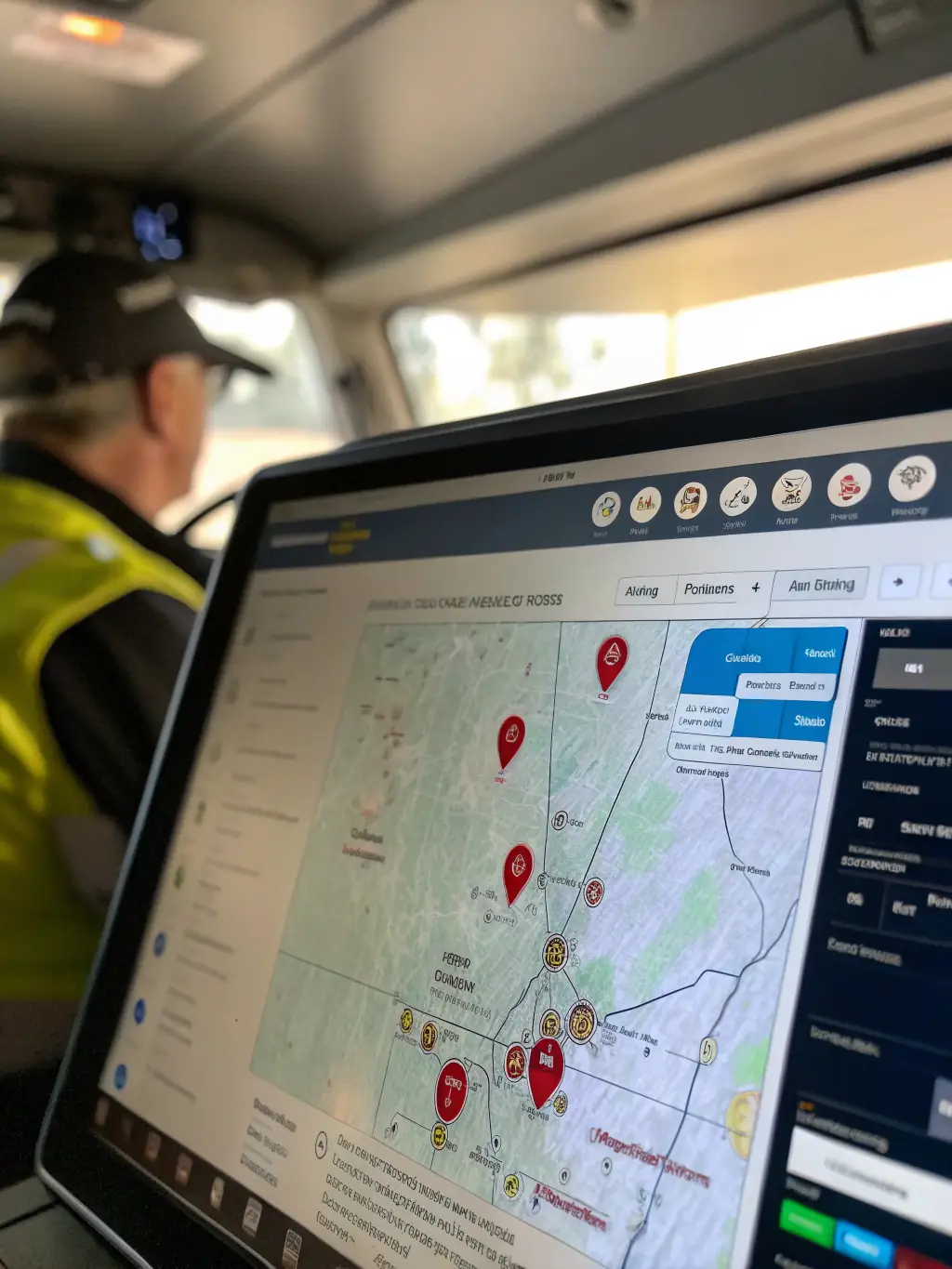 A screenshot of the RoadAid worker admin interface, showing a map with active service requests and technician locations, emphasizing real-time tracking and assignment management.