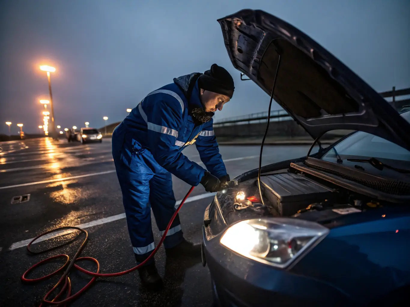 A jump-starter technician jump-starting a car with jumper cables, emphasizing the speed and efficiency of the service.
