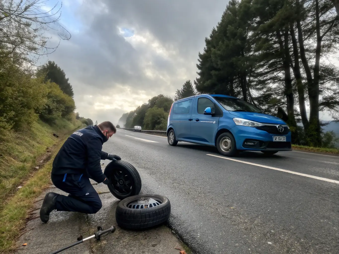 An image depicting a RoadAid technician assisting a driver with a flat tire on a highway shoulder during the day. The technician is wearing a RoadAid branded uniform, and the scene conveys safety and efficiency.