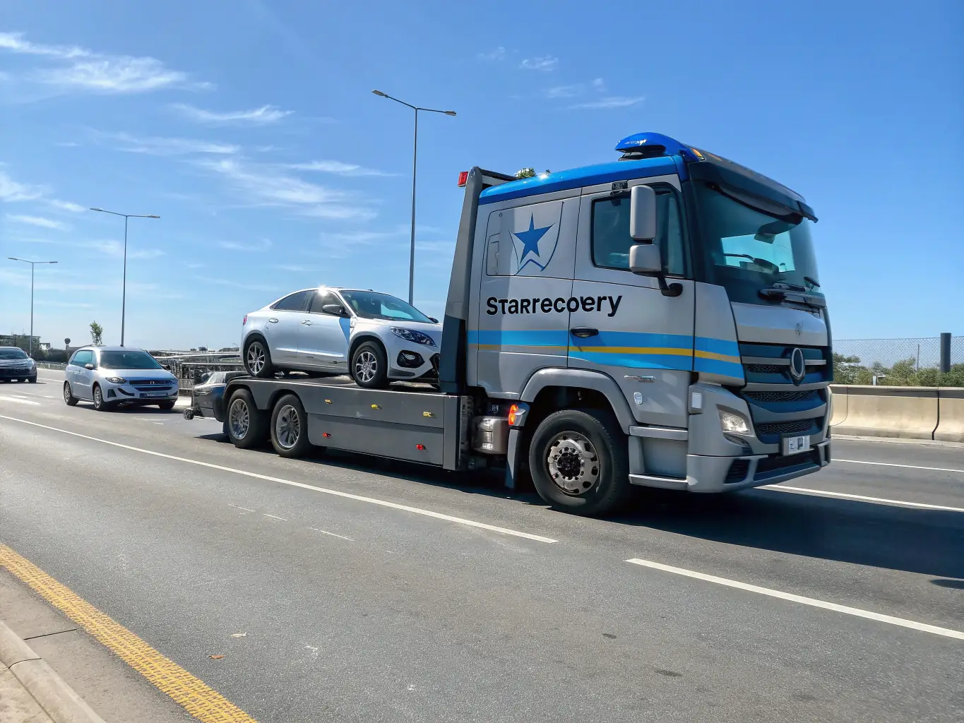 A tow truck assisting a stranded car on a busy highway during daylight, emphasizing the quick response of RoadAid.